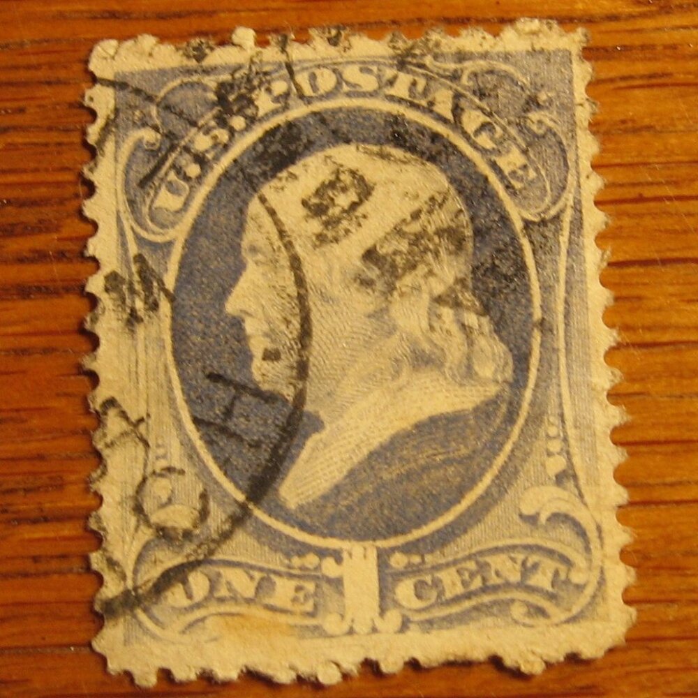 1870-71 -1 cent Benjamin Franklin National Bank Note Embossed with Grill Stamp
